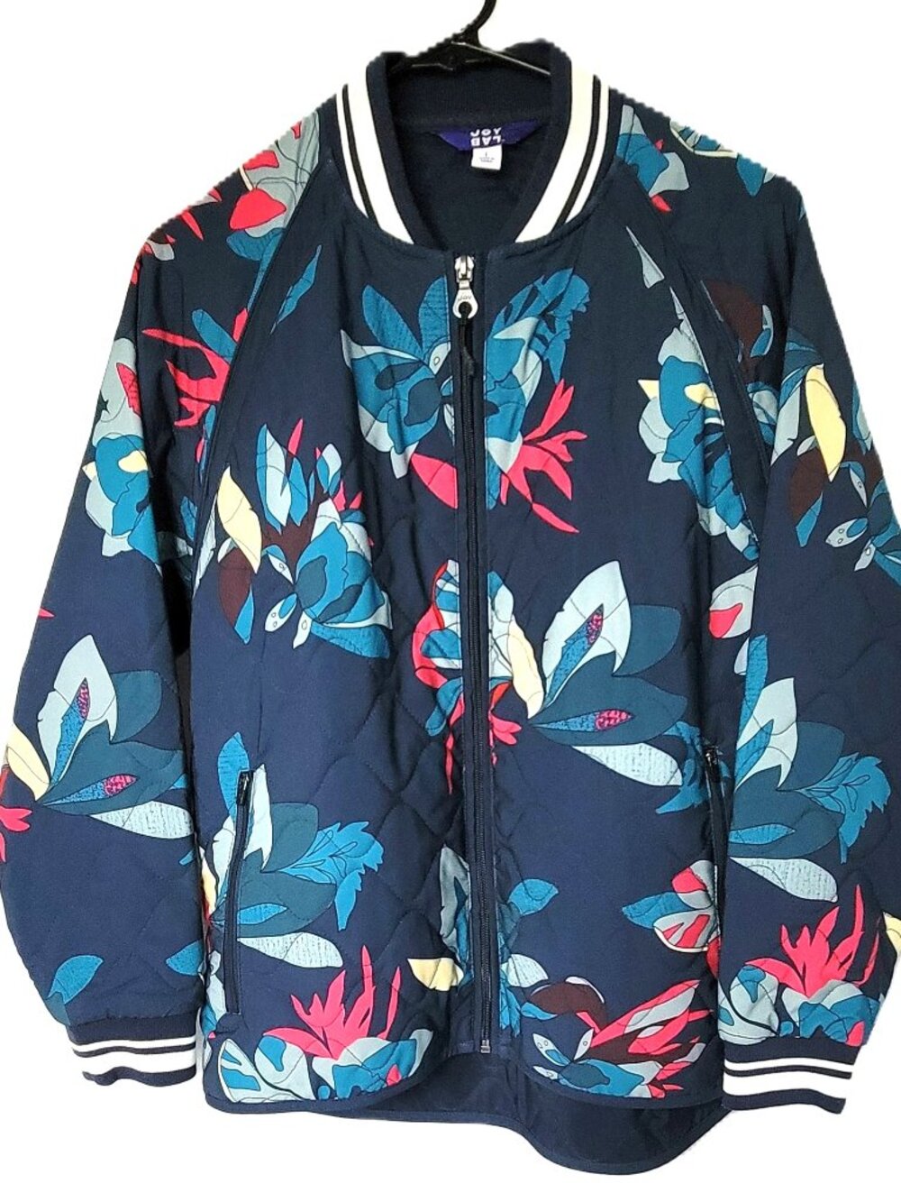JoyLab Floral Quilted Bomber Jacket Navy Blue Pink Floral Lightweight Women L